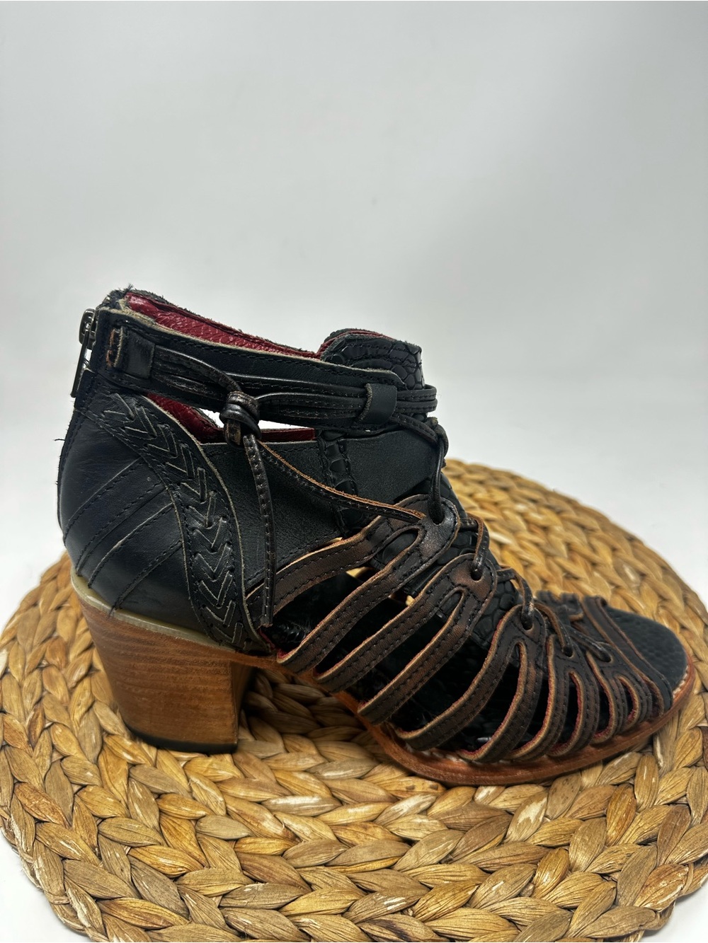 Freebird by Steven Wazee Black Leather Zip-Back Ankle Booties Stacked Heel